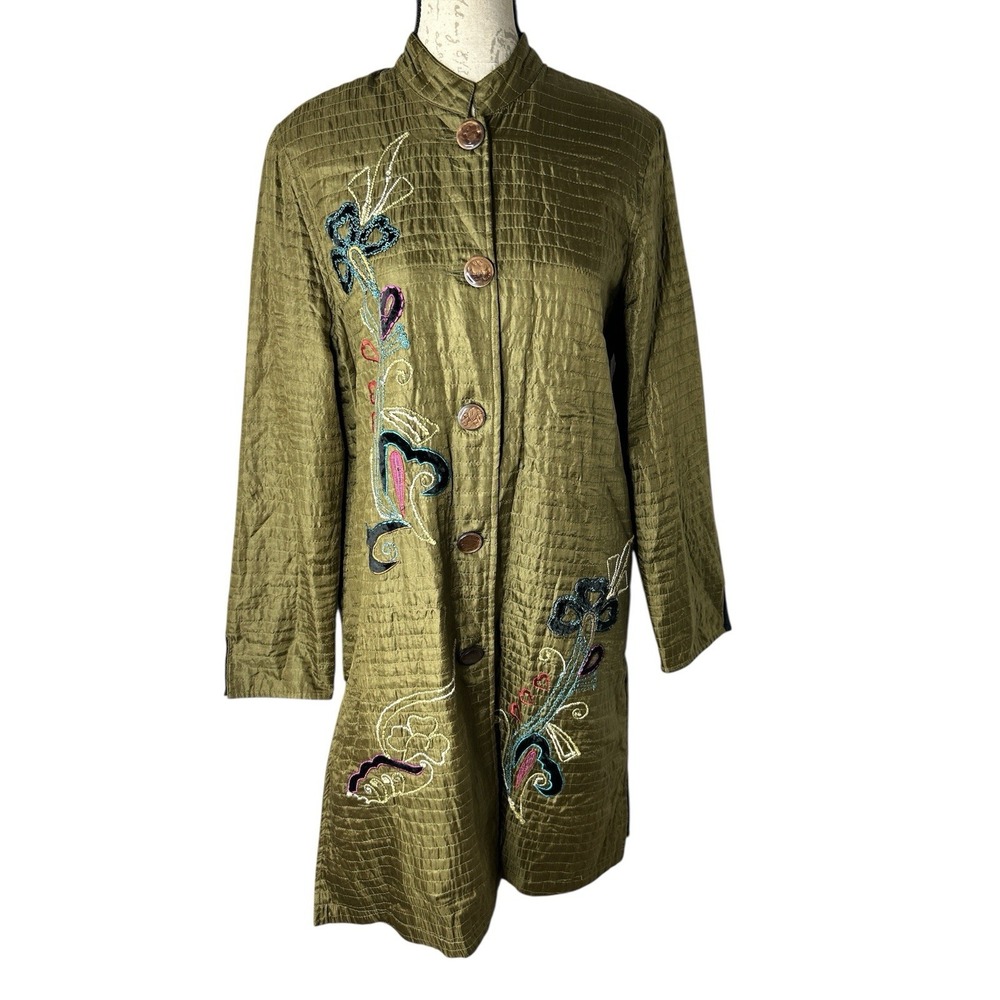 Mirasol Woman Long Coat Mixed Media Design Large Buttons 100% silk Olive Green M